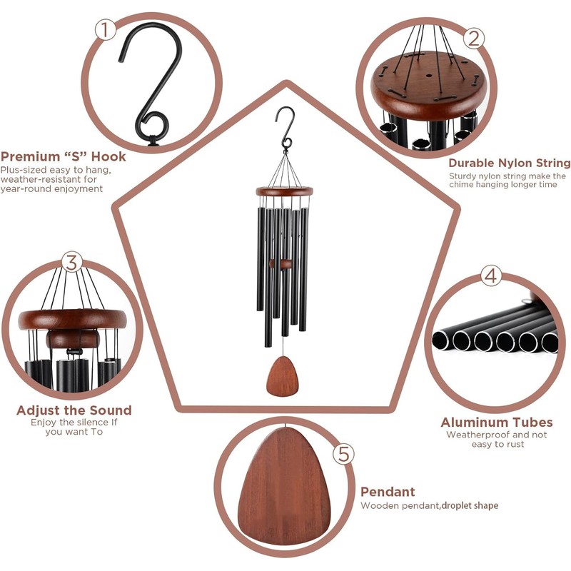 Wind Chimes, 65 cm Aluminium Wind Chimes, 6 Metal Tubes,
