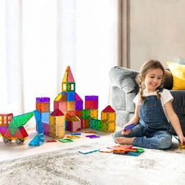 Bmag 100PCS Magnet Building Blocks with 2 Carsfor Kids, Magnetic Tiles Stacking Building Set for Boys Girls, STEM Preschool Educational Learning Construction Toy