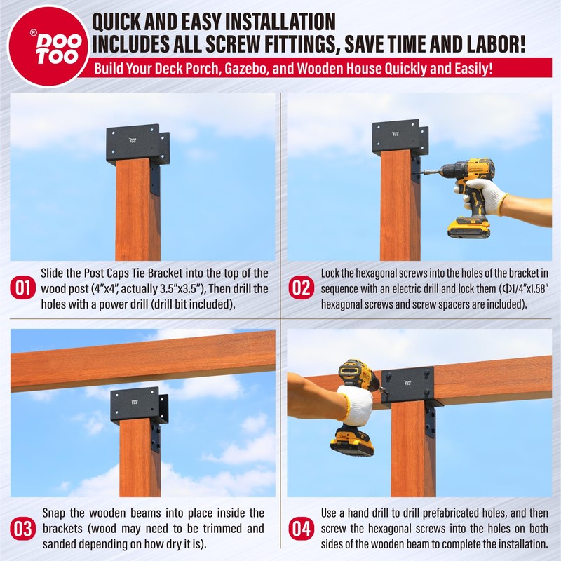 DOOTOO Stainless Steel Pergola Brackets, 4x4(Actual 3.5"x3.5") Post to Beam