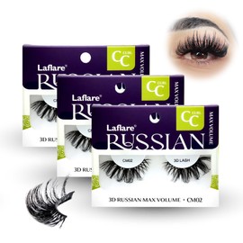 Laflare 3D False Eyelashes Russian volume Strip Lashes | Fluffy, Wispy, Lightweight | Faux Mink Eyelashes Extension C Curl Wispy Handmade Soft Reusable 3 Packs Value Combo. (FCM02X3C)