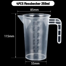 Yaunming Set of 4 Measuring Cups 250 ml, Mixing Cups, Cocktail Measuring Cups, Heat Resistant PP Plastic, V-Shaped Leak-proof Spout, Non-Slip Handle, for Laboratory, Kitchen, Baking, Mixing