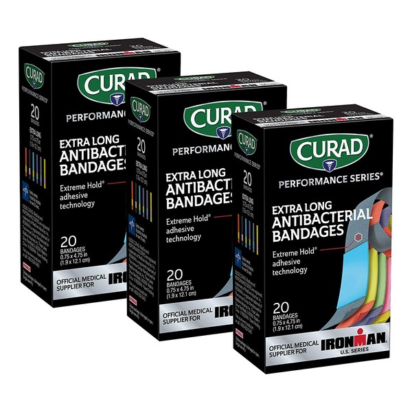 Curad Performance Series Ironman Extra Long Antibacterial Bandage, Extreme Hold Adhesive Technology, Fabric Bandages.75 x 4.75 Inch, 20 Count (Pack of 3) - CURIM5019