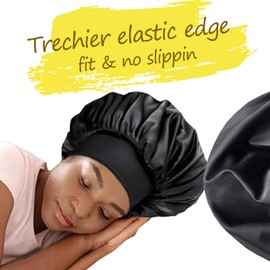 Silk Bonnet for Sleeping Women Curly Hair Bonnets with Tie Band Double Layer Reversible Sleep Bonnet Silk Hair Wrap Sleep Cap (Black)