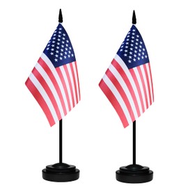 USA Desk Flag Set, 2 Pack American US Table Office Flags, Small Mini Desktop Flag With 12" Solid Black Pole, Black Base, Miniature Desktop Flag