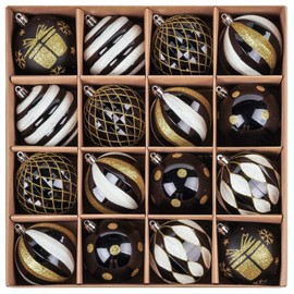 SVNVIOZ Black Gold White Christmas Baubles Decorations, 16Pcs 8cm Christmas Tree Ball Ornaments Set, Xmas Tree Decorations Shatterproof Christmas Balls for Christmas Tree Decoration