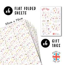 White Wrapping Paper - 6 Sheets Aesthetic Birthday Wrapping Paper - Flower, Mushroom, Rainbow, Star - Positive Doodles - Wrapping Paper Girls Teens - by Central 23