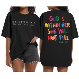 Jinluth Oversized Christian Shirts for Women Jesus Faith Shirt Bible Verse T Shirt God is Within Her Tees Inspirational Tops (Black,L)