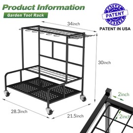 Garden Tool Organizer Rack with Wheels Up to 39 Tools, Heavy-Duty Steel Yard Tool Organizer for Garage Storage with 12 Hooks, Broom Holder & Garden Tool Rack for Shed, Patio, Outdoor Use, Black