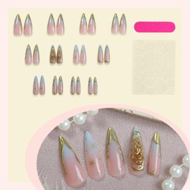 Gold Press on Nails Almond Fake Nails with Design Long Length False Nails Press ons Reusable Acrylic Nail Full Cover Glossy Glue on Nail Stick on Nails for Women Manicure 24 Pcs