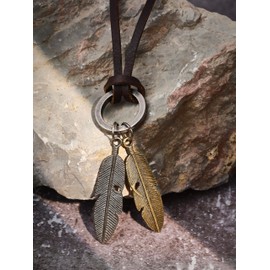 HAQUIL Boho Necklace, Double Antique Feather Pendant, Leather Cord, Vintage Bohemian Jewelry Gift for Men and Women