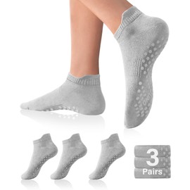 DIBAOLONG Pilates Socks with Grips for Women Yoga Socks Non Slip Barre Hospital Socks 6-Pairs Grippy Ankle Socks, 3 Pair With Grips (3 Pair Light Grey), 9.5-13
