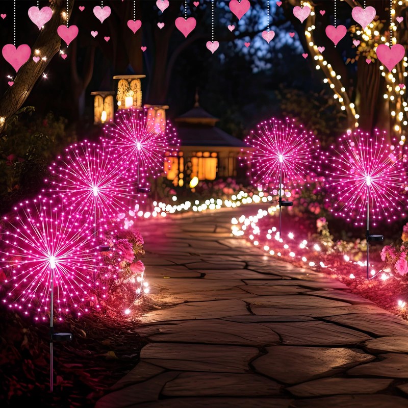 Tujoe 6 Pack Pink Solar Firework Lights 180 LED 8