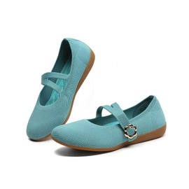 ZUXYAFU Women's Flats Mary Jane Ballet Flats Comfortable Knit Casual Ballerina Walking Dressy Office Slip-on Shoes with Adjustable Straps, 047 Blue-Green 10 US