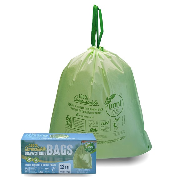 UNNI 100% Compostable Drawstring Bags, 13 Gallon, 49.2 Liter, 30 Count, Heavy Duty 1 Mils, Tall Kitchen Food Scrap Waste Bags, ASTM D6400, EN 13432, US BPI & OK Compost Home Certified, San Francisco