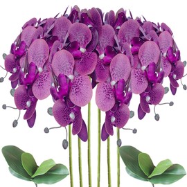 Sumupa Artificial Phalaenopsis 6 Pcs Artificial Flowers Fake Orchid Flowers Stem Plants with 2 Pcs Leaves for Décor (Purple Spot)