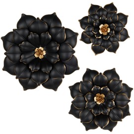 Deco 79 Metal Floral Home Wall Decor 3D Wall Sculpture with Gold Center, Set of 3 Wall Art 22", 18", 14" H, Black