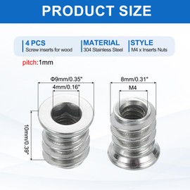sourcing map 4Pcs Threaded Inserts Nuts, M4x10mm Hex Socket Drive Nut Inserts for Wood - 304 Stainless Steel Screws Furniture Screw in Nuts Bolt Fastener Connector Wood