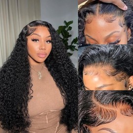 Qiikota 26 Inch Deep Wave Lace Front Wigs Human Hair Pre Plucked 200% Density 13x6 HD Lace Frontal Wigs with Baby Hair Deep Curly Wet and Wavy Glueless Wigs for Women (Natural Black, 26 Inch)