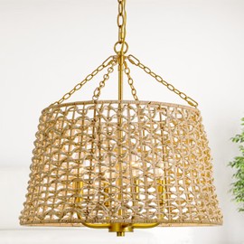 20" Rattan Chandelier for Dining Room 4-Light,Hand-Woven Rattan Boho Chandeliers, rattan Pendant light with Adjustable for Bedroom,Living Room,Kitchen Island,Coastal,Stairway,Hallway(E12 Base)