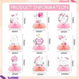 VorkiVecKi Bunny Birthday Party Decorations - 9Pcs Cute Rabbit Honeycomb Ornaments for Girls Easter Pink Jungle Centerpieces Set for Table Toppers Sweet Kids Supplies Kit Animal Theme Paper Decor