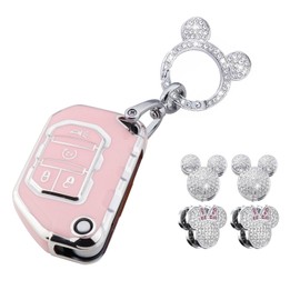 XUPEIXUN 6 Pcs Pink Car Accessories for 2018-2022 Jeep Gladiator Wrangler Sahara Rubicon Key Fob Cover with Bling Keychain Cute Rhinestones Hooks