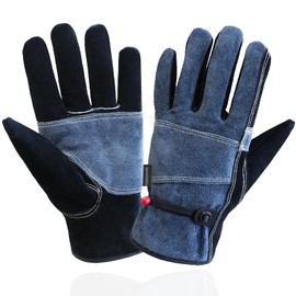 OLSON DEEPAK Leather Work Gloves for Men&Women,Cowhide Gloves for Gardening,Construction,Welding,Chainsaw,Farm,Cotton Lined,Utility (Blue+Black, M)