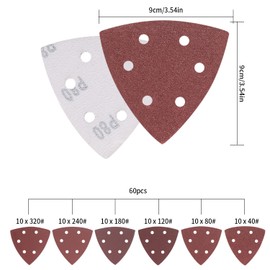 Aoyfuwell Pack of 90 Delta Sandpaper, Sanding Sheets, Triangle Sandpaper, Triangular Sandpaper, Assorted with 6 Holes, 40/80/120/180/240/320 Grit
