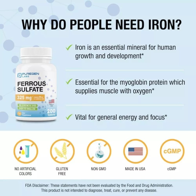 Puregen Ferrous Sulfate 325mg 65mg Elemental Iron High Potency Iron