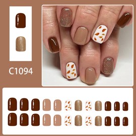 Dark Brown Press on Nails Short Square Fake Nails with Coffee Colored Fallen Leaves Glitter Designs, Glossy Gel Finish Acrylic Short Glue on Nails, Thick Natural Glue on Nails Kit for Women, 24Pcs