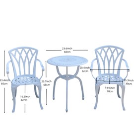 KAILI 3 Piece Bistro Table Set Cast Aluminum Outdoor Patio Furniture with Chair with armrests(White)