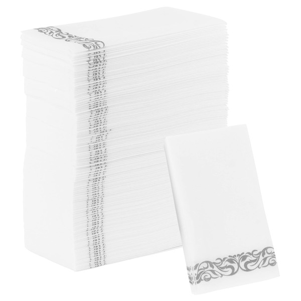 PARTY BARGAINS - Toallas desechables con tacto de lino, paquete de 100, 13 x 16 pulgadas, color blanco con estampado plateado, toallas de mano de papel suave para bodas, fiestas de cóctel, servilletas