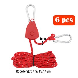 Kellegour 6 Pack Tent Guy Ropes with Pulley,4mm Reflective Cord Tent Guide Rope,Reflective Tent Guy Ropes,Tent Camping Cord with Pulley for Camping,Hiking,Tent,Tarpaulin,Awning (13.12ft/4m,Red)
