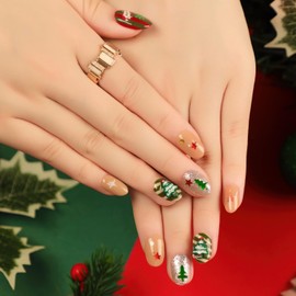 Christmas Press on Nails Short Almond Fake Nails,Glitter Artificial False Nails with Double Side Adhesive Tabs for Women & Girls (24pcs)