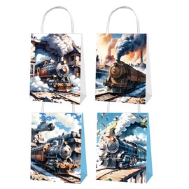LFCFDX 12 Pack Train Party Bags Retro Train Party Bags with Handles Train Goodie Candy Treat Bags for Steam Train Portable Party Bags Train Party Supplies