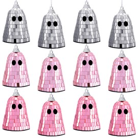 Simgoing 12 Pcs Summer Halloween Disco Ghosts Decor Halloween Ornament Silver Mirror Disco Skeleton Tabletop Centerpiece for Holiday Cosplay Home Props Gift Party Decorations (Pink)