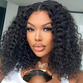 Srakuw Wear and Go Glueless Wigs Human Hair Pre Plucked Pre Cut Lace Front Wigs for Black Women 180 Density Water Wave Bob Wig Human Hair Curly Wig (14 Inch)