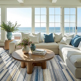 jinchan 8x10 Area Rug, Indoor Outdoor Rug Washable Non Slip, Modern Easy Thin Abstract Large Geometric Striped Outdoor Patio Rug for Living Room Backyara Deck Dining Room, Blue