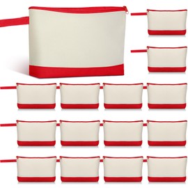 Silkfly 15 Pcs Cotton Canvas Makeup Bags Canvas Cosmetic Zipper 10.2 x 5.5 x 2 Inches Blank DIY Pouch Bag Bulk with Bottom Pencil Case Travel Toiletry Pouch for Women (Beige and Red)