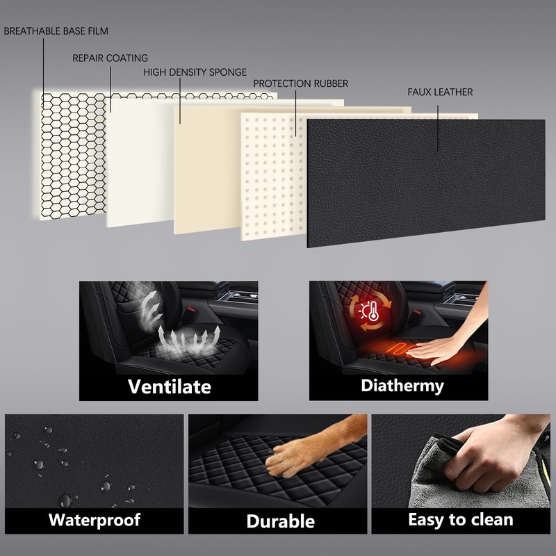 WENNFOUR Full Coverage Black Leather Car Seat Covers Full Set
