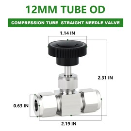 TAISHER 1PCS 304 Stainless Steel Compression Tube Square Straight Needle Valve 12MM Tube OD x 12MM Tube OD for Flow Control Water Gas Oil