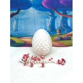 3D Printed Dragon with Egg and Articulated Mouth - White and Red Mushroom Dragon, ADHD and Autism Sensory Fidget Toy - BD006