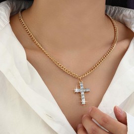 Inilbran Punk Crystal Cross Necklace Choker Gold Rhinestone Cross Choker Necklace Vintage Cz Jesus Cross Religious Necklace Chain Gothic Cross Crucifix Necklace Jewelry for Women and Girls