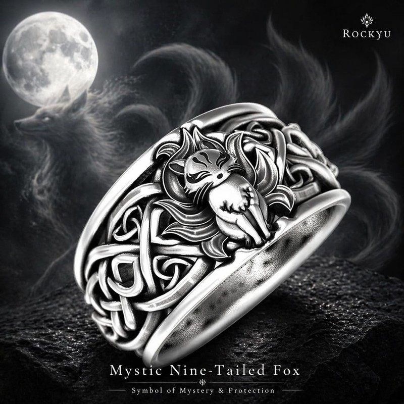 Rockyu Men's Silver Nine Tailed Fox Ring, Stylish, Stainless Steel,