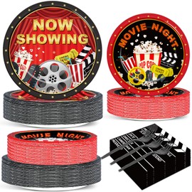 200pcs Movie Night Party Supplies Decorations Movie Popcorn Theme Paper Plates Napkins Now Showing Red Carpet Disposable Tableware Set for Birthday Party Favors Serve 50