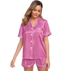 SWOMOG Womens Silk Satin Pajamas Set Short Sleeve Sleepwear Button Down Top and Shorts Loungewear 2 Piece Pjs Set XS-3XL Mauve Pink Medium