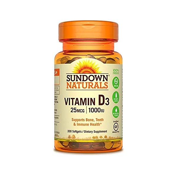 Sundown Naturals High Potency D3 Vitamin D 1000 IU Softgels 200 ea (Pack of 3)