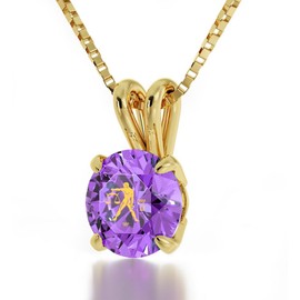 Nano Jewelry Gold Plated Libra Zodiac Necklace Star Sign Pendant for Birthdays 23rd September to 23rd October 24k Gold Inscribed Astrological Sign and Symbol on Light Purple Crystal Stone, 18" Chain