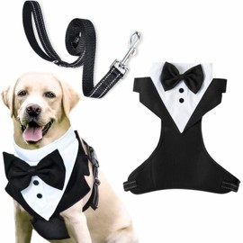 SAHENITEANA Dog Tuxedo Suspenders, Formal Puppy Costumes with Bow Tie, Adjustable, No Pull, Comfortable and Breathable Dog Harness for Small and Medium Dogs Birthday, Wedding (Black, S)