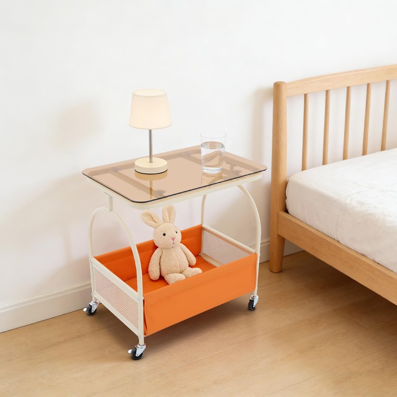 DYRABREST 2-Tier Rolling End Table with Storage, Cream White Frame