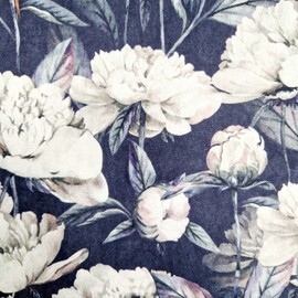 Cotton Canvas Fabric - White Peony Floral on Navy Blue - Craft Fabric Material Metre